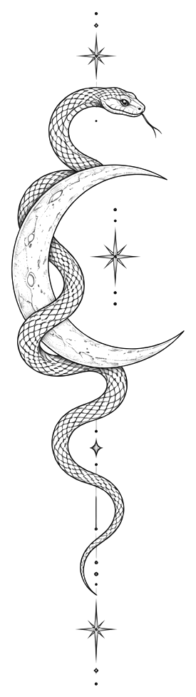 AI tattoo concept: fine line crescent moon wrapped in a small snake