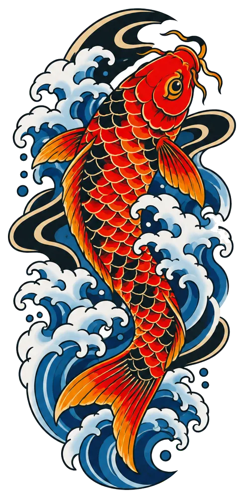 AI tattoo concept: Japanese koi swimming upstream through waves