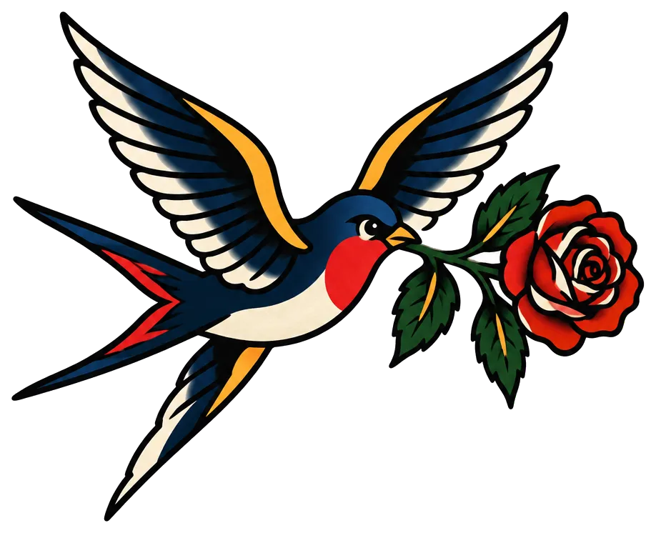 AI tattoo concept: traditional swallow carrying a rose
