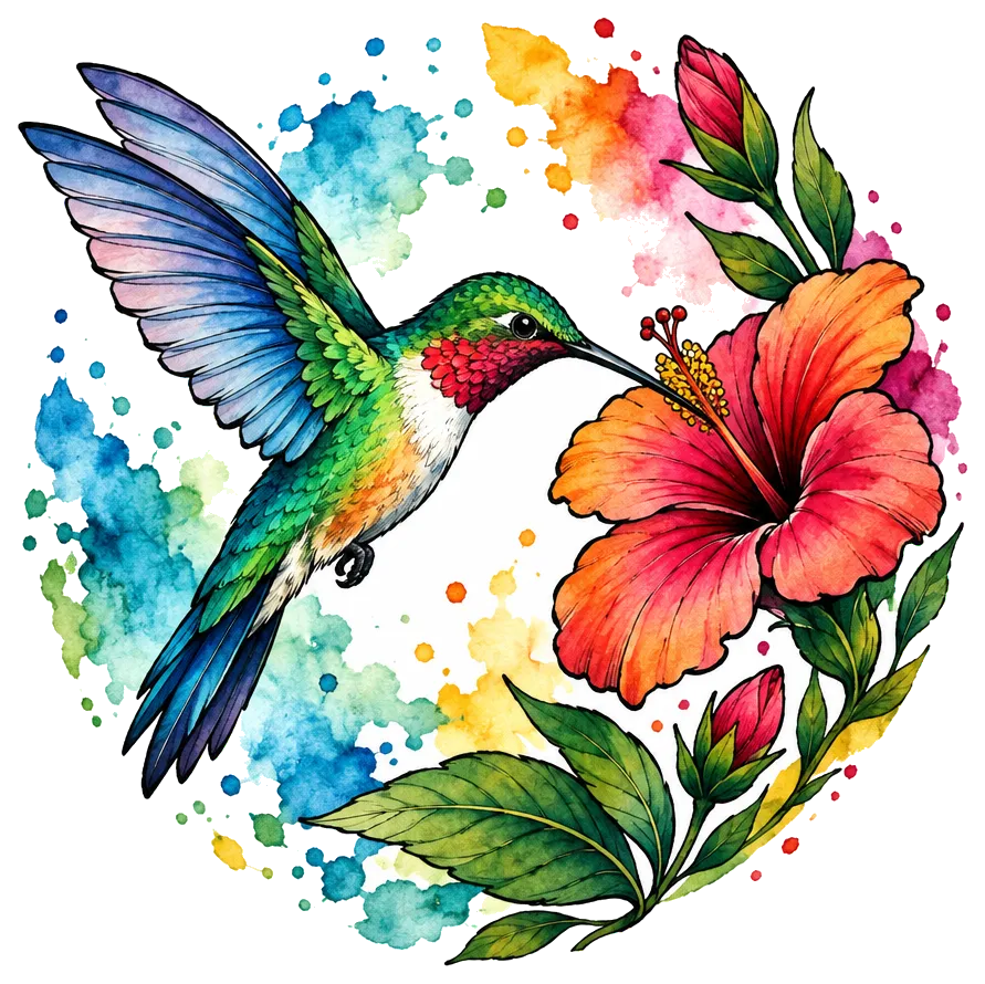 AI tattoo concept: watercolor hummingbird drinking from a flower
